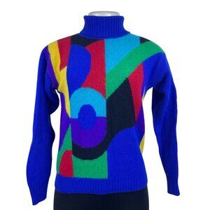 Vintage Illustrations Women’s Blue Multi-Color Turtleneck Sweater Abstract Sz P